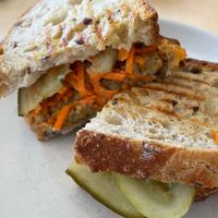 Sandwich with vege-pate, vegan mayo, carrots and pickles  at Le Philtre Café in Quebec