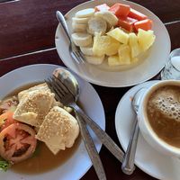 Tofu Delight (55 baht), Fruit Salad (60 baht), Cappuccino made w/ Coconut Milk (60 baht) at Mut Mee Restaurant in Nong Khai