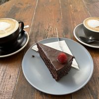 Latte, capuchino and chocolate cake.  Yum!  at Drunken Coffee in Cesky Krumlov