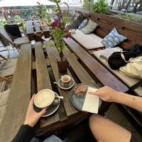 Chai latte with oat milk, espresso, banana breadd  at Drunken Coffee in Cesky Krumlov