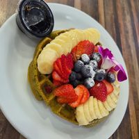 Vegan Waffle with fruit at Victory Caffe in Van Nuys