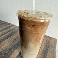 Iced latte made with vegan condensed milk   at Victory Caffe in Van Nuys