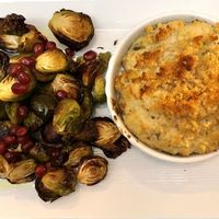 Creamy cauliflower gratin (15/10) and Brussels sprouts with pomegranate   at True Bistro in Somerville