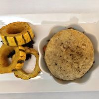 Root vegetable pot pie and squash with apricot chutney. The chutney had a spicy cinnamon flavor. We wished the pot pit had gravy, but the flavor was 10/10  at True Bistro in Somerville