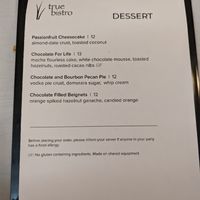 Dessert menu at True Bistro in Somerville