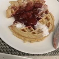 Waffle with strawberry compote  at True Bistro in Somerville