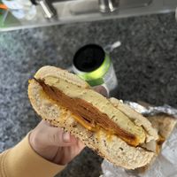 everything bagel with vegan ham, vegan egg, and vegan cheese😄  at Seize the Bagel - Orchards in Vancouver