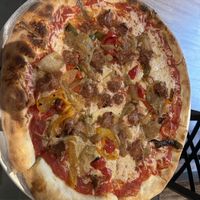 Salsiccia and Roasted Pepper Pizza. Great and I especially loved the vegan sausage.  at Pizzeria Enzina in Waltham