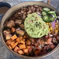 Burrito bowl with sweet potato and teriyaki tofu sub for chicken  at Shakti Bowl in Todos Santos