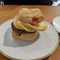 Breakfast biscuit (just egg, beyond sausage, scone) at Propaganda Coffee in Lakewood