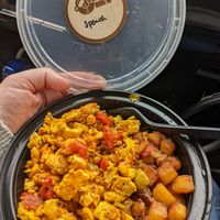 Delicious Spanish tofu scramble with potato side at Strange Brew Cafe in Binghamton