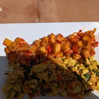 tofu scramble with cheese, spinach, and tomato, breakfast potatoes at Strange Brew Cafe in Binghamton