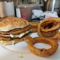 Big crispy onion rings and a plant based Big Mac! Yum! at Odd Burger in Vaughan