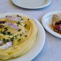 

Fava (Greek Bean Mousse) on the left and recommended specialities by the chief on the right at To Stachi in Crete