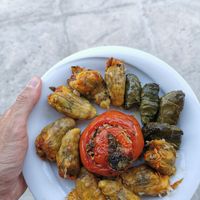 Stuffed veggies, wine leaves and squash flowers. at To Stachi in Crete