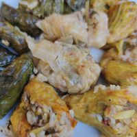 Vine leaves and zucchini flowers at To Stachi in Crete