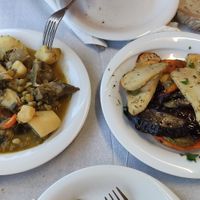 Left: Peas with artichokes and potatoes. Right: grilled vegetables at To Stachi in Crete