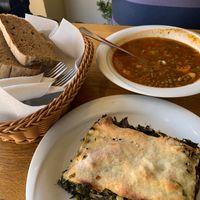 Lentil soup, spinach pie + whole grain bread, all vegan. Split with my husband and both felt satisfied. at To Stachi in Crete