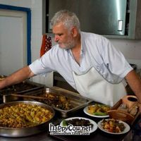 Stelios in the kitchen, preparing our first amazing meal at To Stachi at To Stachi in Crete
