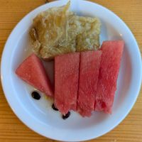 Galaktompoureko and watermelon at To Stachi in Crete