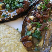 Eggplant with raisins, vinegar & hummus. at To Stachi in Crete