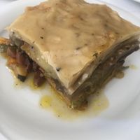 vegan mousaka with almond cream on top! amazing! at To Stachi in Crete