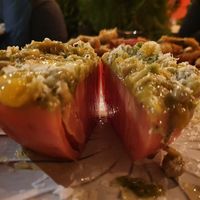 "Tomato steak" with avocado, mango and pesto on top. Ask them to remove the parmesan for you! at Restaurante Galoria in Burgos