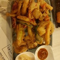 Tempura de verduras. Solo la salsa roja es vegana a base de kimchi at Restaurante Galoria in Burgos