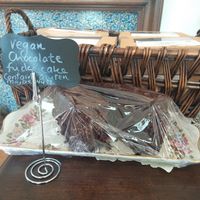 Marked vegan choc fudge cake at Pitmedden Garden Tearoom in Ellon