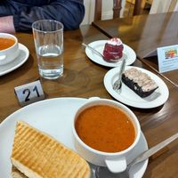 Tomato soup, haggis melt, mocha cake and red velvet at Pitmedden Garden Tearoom in Ellon