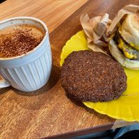 Ecc muffing, cocoa cookie, macadamia milk latte  at The Nuts Exchange in Tokyo