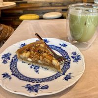 Caramel nut tart with iced matcha latte at The Nuts Exchange in Tokyo