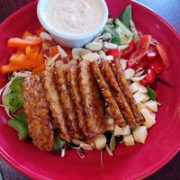 Ohana salad with bbq tempeh added and wonderful cashew lemon dressing at Ohana Cafe in Ozona