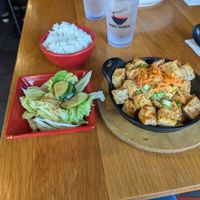 Tofu stir-fry with salad and steamed rice. Yummy! at Maru Ramen in Ithaca