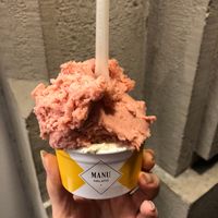 Almond-pistachio gelato and strawberry sorbet at MANU in Geneva