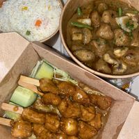‘Chicken’ Skewers, rainbow rice, cheungs curry at Cheungs Vegan Kitchen in Bristol