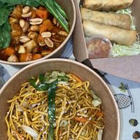Kung po tofu, spring rolls, chow mein at Cheungs Vegan Kitchen in Bristol