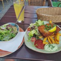 Snitzel with fries, side salad at Max Pett in Munich