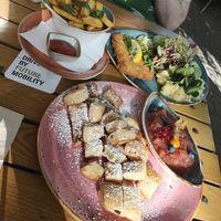 Kaiserschmarrn, Soja-Schnitzel Wiener Art with potato salad, fries at Max Pett in Munich