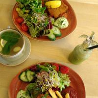 Top: vegan schnitzel with potato salad and greens, right: smoothie, bottom: schnitzel with fries and side salad, left: fresh lemon-ginger team with mint leaves. at Max Pett in Munich