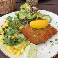 Schnitzel with salad and potato salad. You can also choose fries or half-half.   at Max Pett in Munich