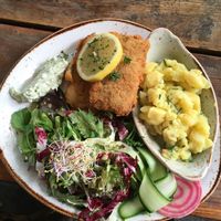 Wiener Schnitzel and potato salad at Max Pett in Munich