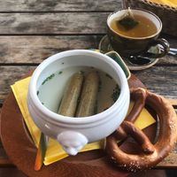 Possibly not the best meal on the menu... we were confused when the two white sausages appeared in their skins in a bowl of boiling water.  at Max Pett in Munich