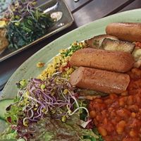 english breakfast & kale salad + tempura prawn at Max Pett in Munich
