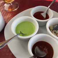 Different dipping for the papadums. The mint dip was so good!  at Taj Mahal Tandoori in Almunecar