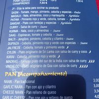 Vegan options on the regular menu at Taj Mahal Tandoori in Almunecar