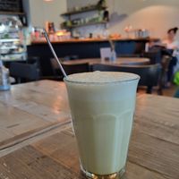 Turmeric/matcha latte cold at Klara's Kitchen - Cafe & Restaurant in Zurich
