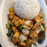 Shaking tofu (comes with rice, some veggies, and mushrooms)  at Pho Em in Baytown