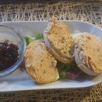 Starter: Mushroom pate served on crostini with onion chutney at The Queen Inn in Cwmbran