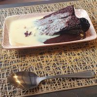 Dessert: Chocolate fudge cake with custard at The Queen Inn in Cwmbran